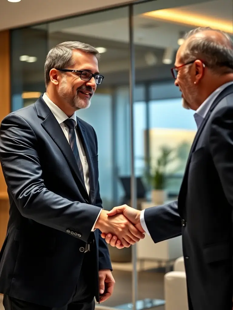 A professional South African financial advisor is shaking hands with a client in a modern office setting, symbolizing trust and partnership.