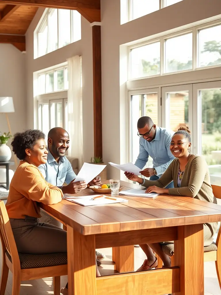 A South African family confidently planning their financial future with the help of a consultant, illustrating long-term financial security.