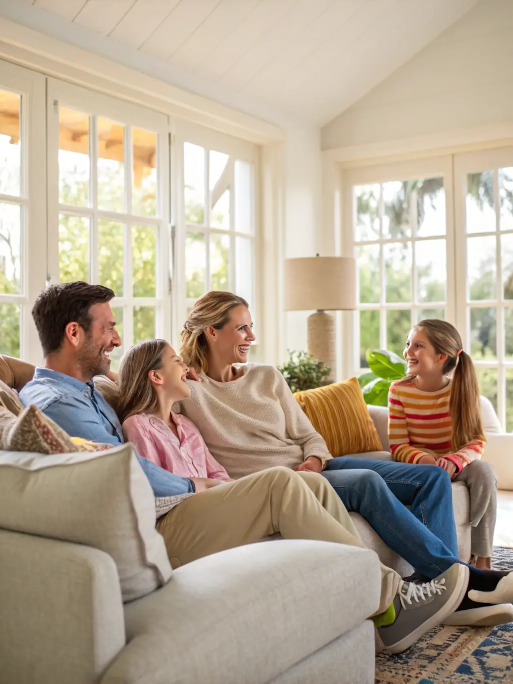 A modern South African family is smiling and relaxed in their home, representing financial freedom and peace of mind.