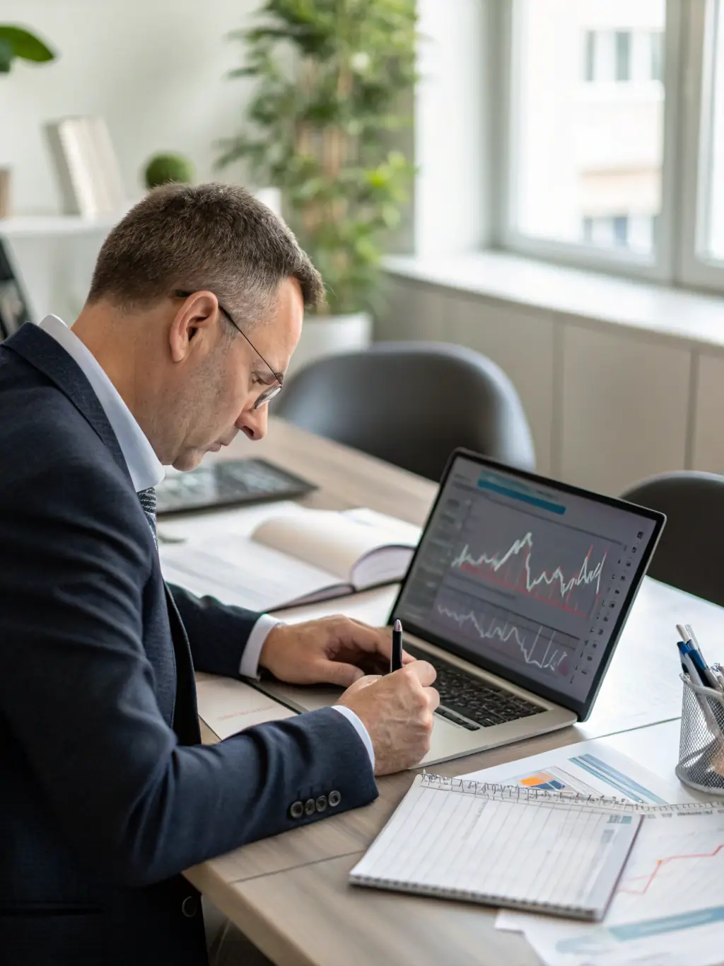 A professional South African financial consultant analyzing market trends with a tablet in a modern office setting, symbolizing strategic investment planning.