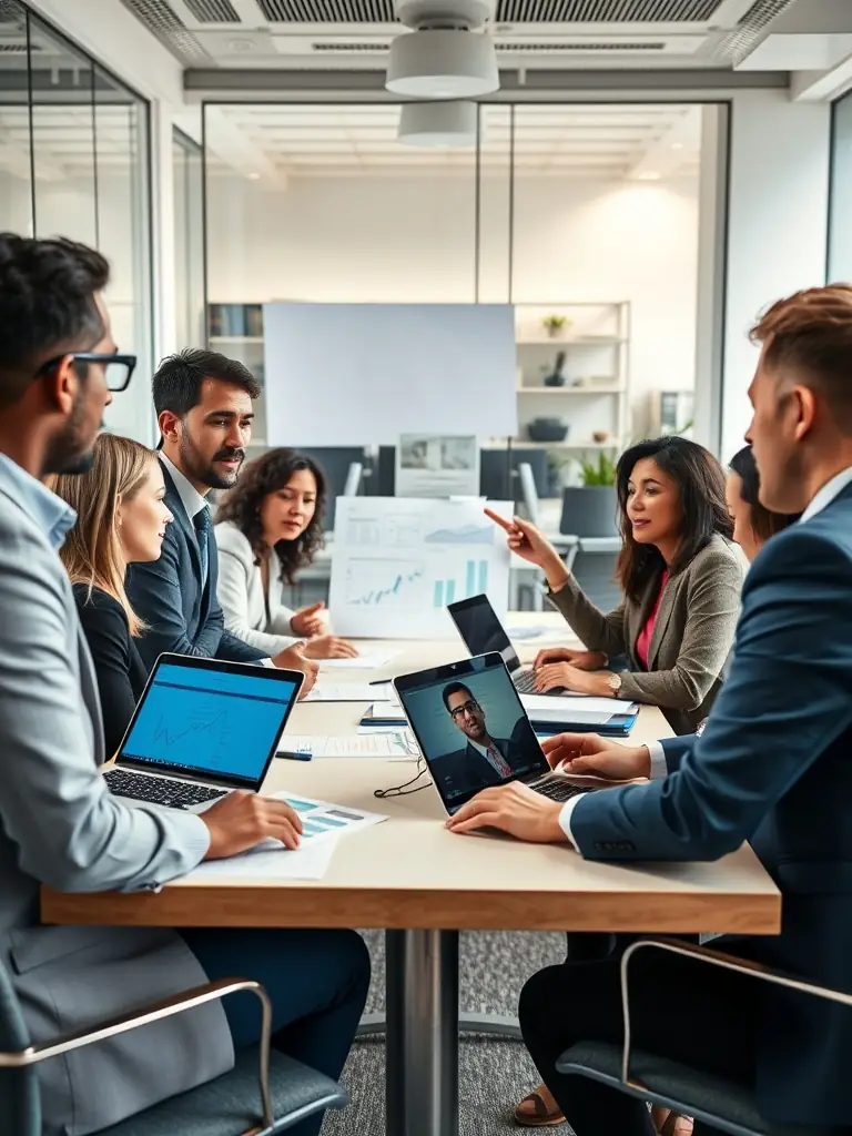 A diverse group of South African professionals collaborating on wealth management strategies in a bright, modern office, representing teamwork and expertise.